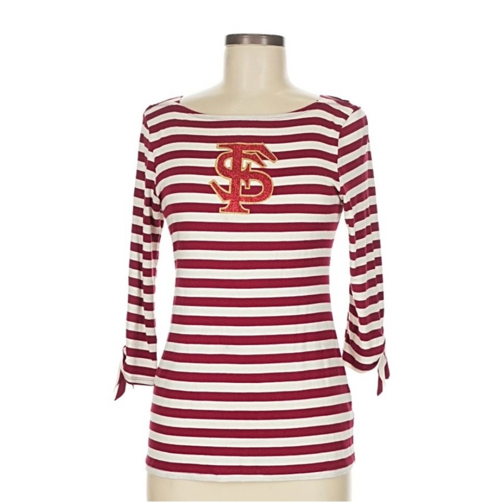 Meesh & Mia  Striped Red and White Boatneck Women's Top with Embroidered Logo
